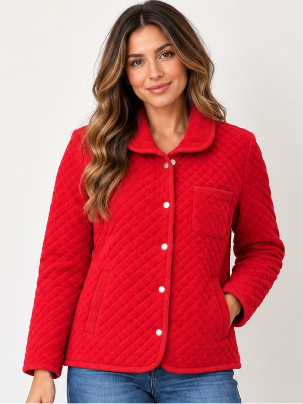 Vintage Talbots Red Quilted Jacket Women’s Small Corduroy Trim Snap Front